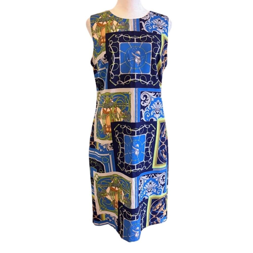 J. McLaughlin Belinda Dres Blue Multi Heraldic Patchwork‎ Pattern Size 6 NWOT